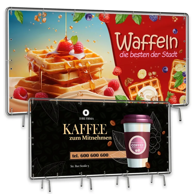Grossformatbanner mit Beispiel fuer Waffeln und Kaffee
