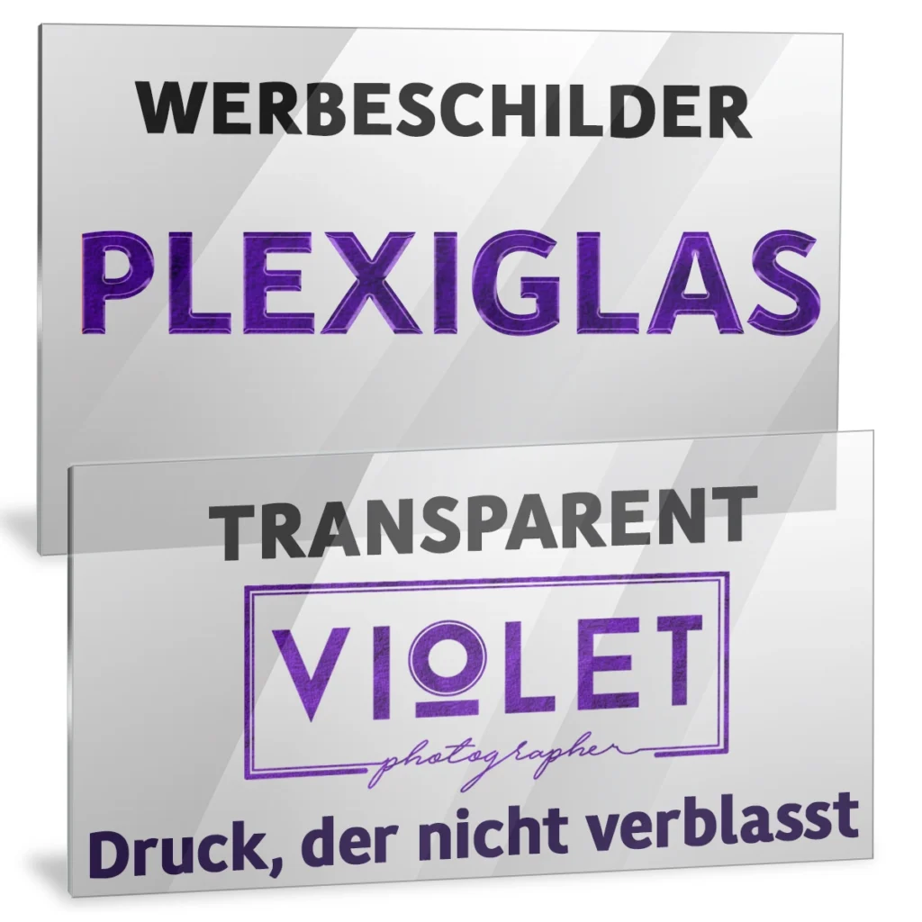 Transparentes Plexiglas-Schild mit violettem Motiv und Logo