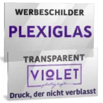 Transparentes Plexiglas-Schild mit violettem Motiv und Logo