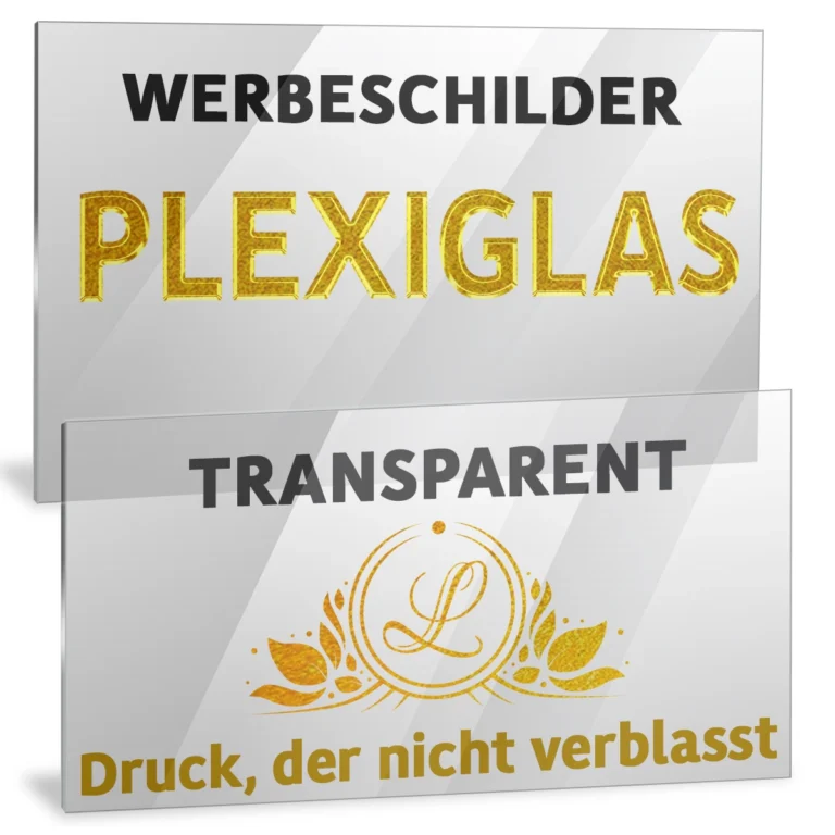 Transparentes Werbeschild aus Plexiglas mit goldener Ornamentik