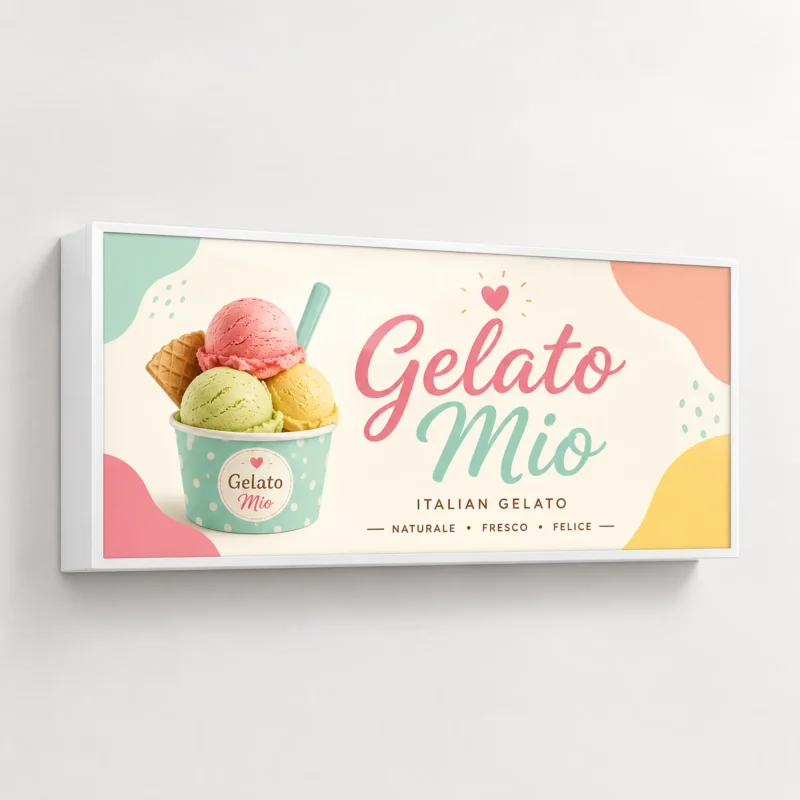 Einseitiger Dibond-Leuchtkasten Weiß für Eisdiele Gelato Mio