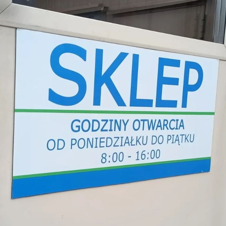 Szyld sklepu z godzinami otwarcia w kolorze niebieskim, tablice i szyldy reklamowe z dibondu