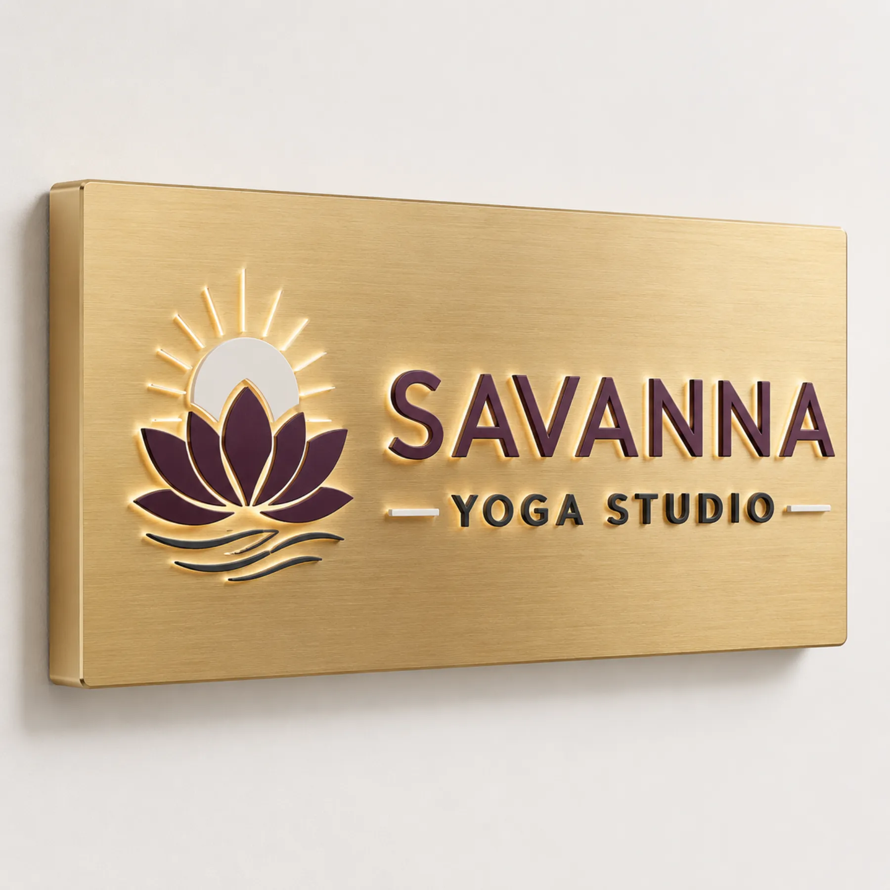 Dibond-Leuchtkasten Gold gebürstet mit 3D-Buchstaben für Yogastudio Diboend-Leuechtkaesten mit 3D-Buechstaeben - 200x40cm - Mehrfaerbig - zusaetzliche Ansicht 1