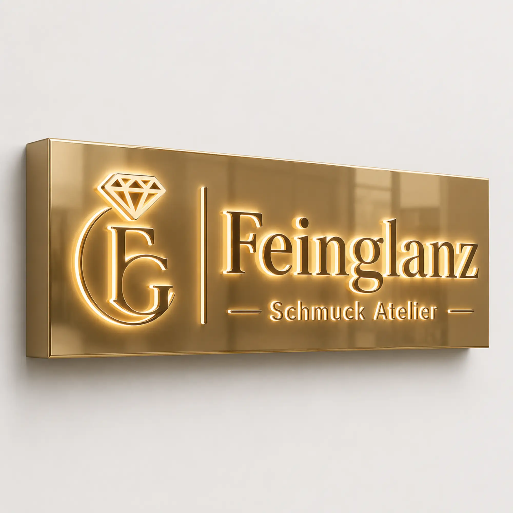 Dibond-Leuchtkasten Gold verspiegelt mit 3D-Buchstaben als Schmuck-Schild Diboend-Leuechtkaesten mit 3D-Buechstaeben - 150x50cm - Mehrfaerbig - zusaetzliche Ansicht 1
