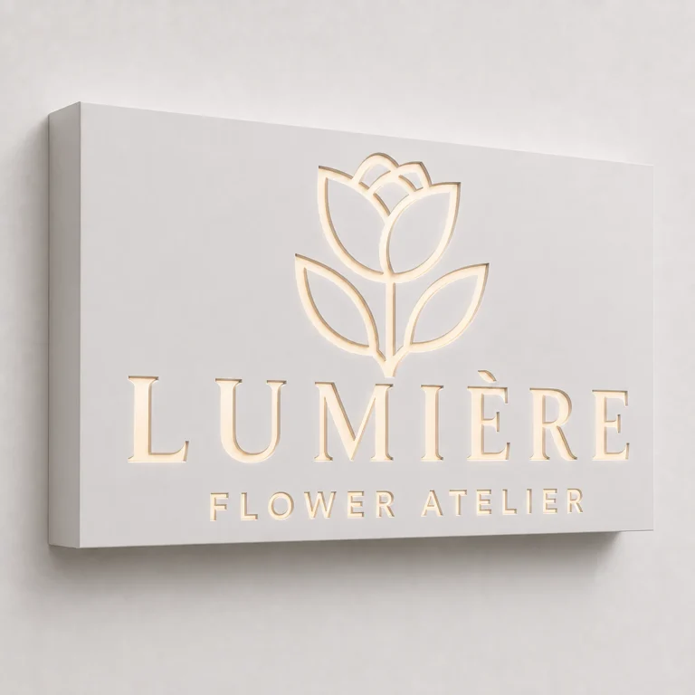 Gefräster Dibond-Leuchtkasten Weiß für Blumenatelier Lumière