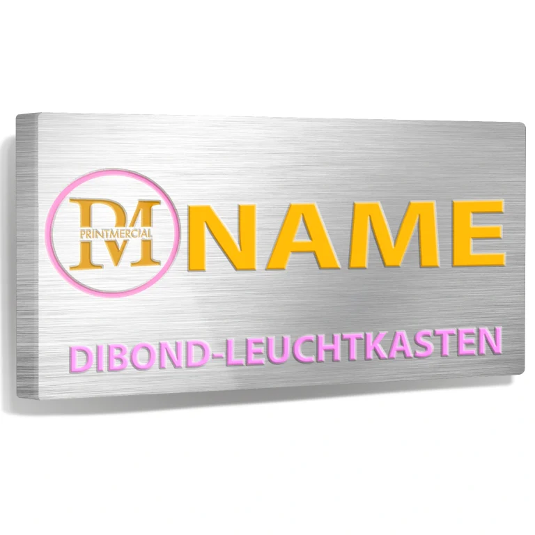 Gefraster Dibond-Leuchtkasten Silber geburstet Gelb Rosa