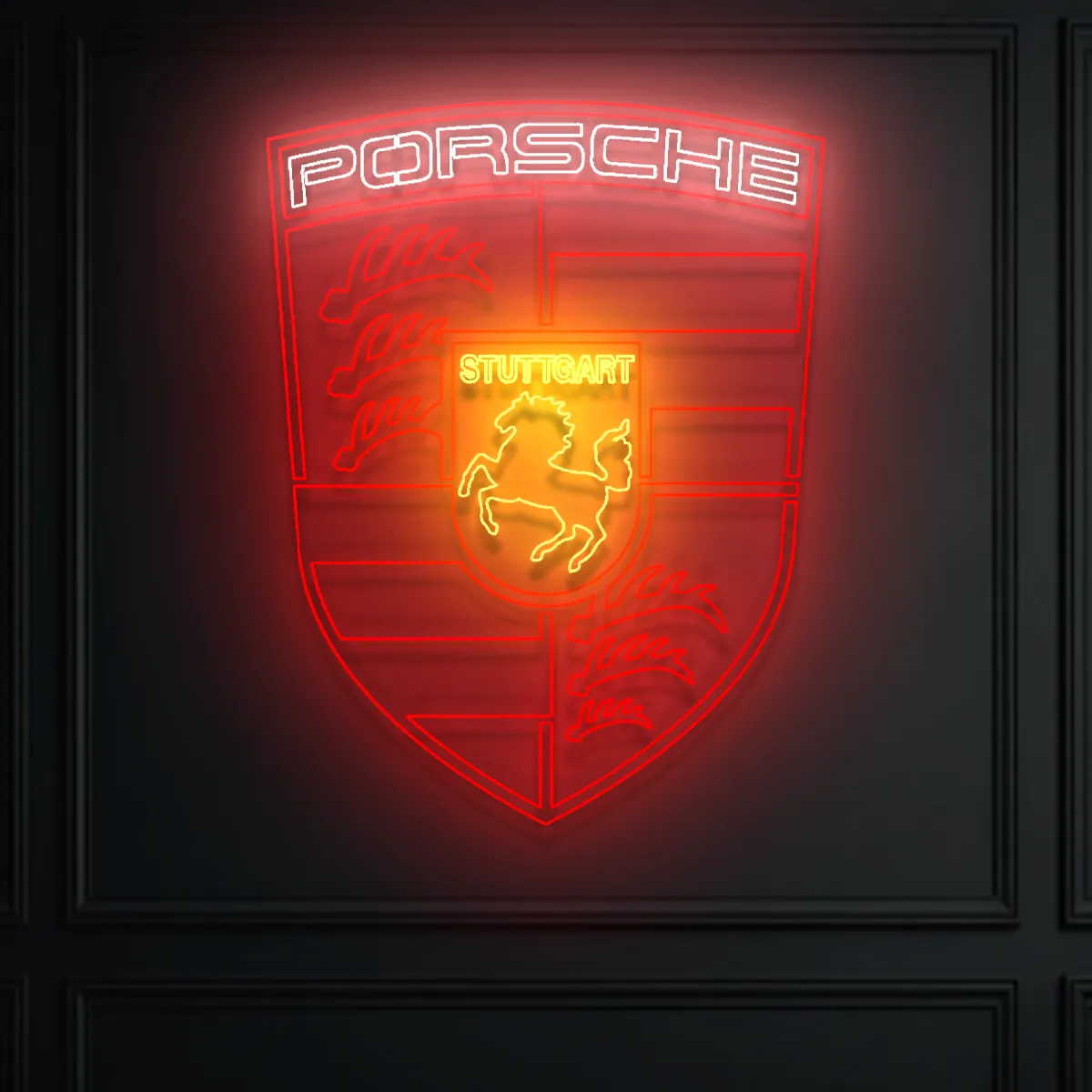 Neon-Porsche-Red-Yellow-White Neoen Poersche Loegoe - fuer Aeuetoe-Faenbereiche - zusaetzliche Ansicht 1