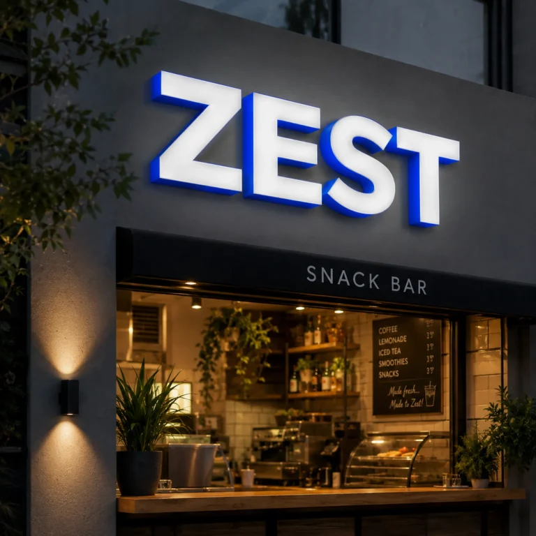 Weiße Leuchtbuchstaben aus Plexiglas über einer Bar