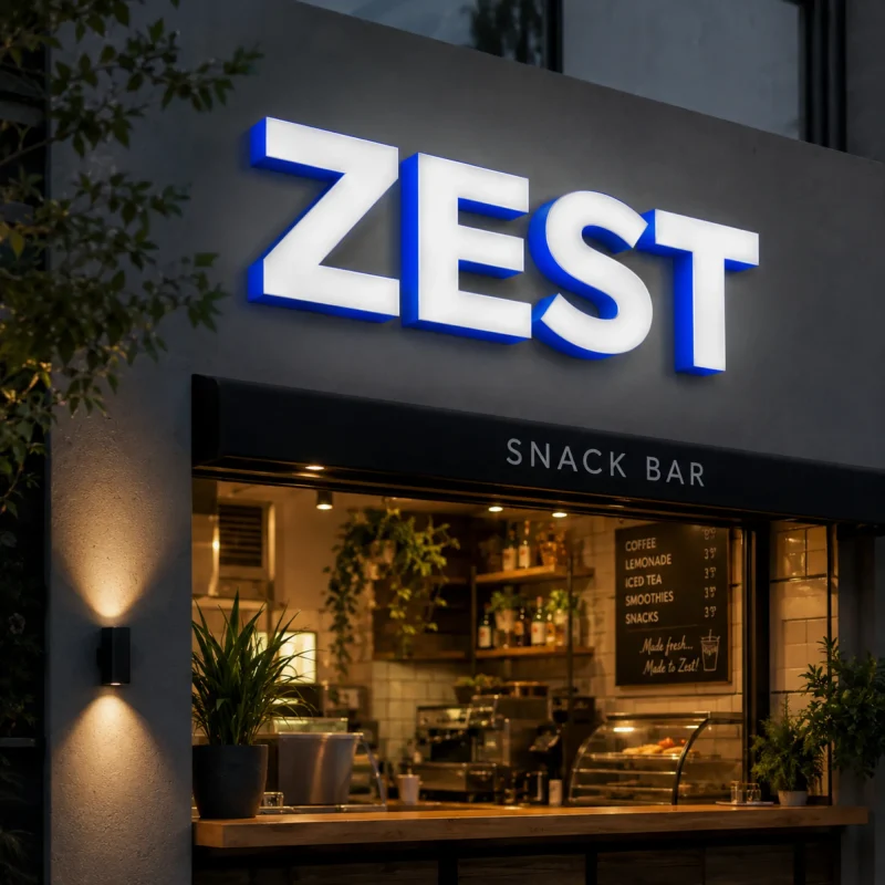 Weiße Leuchtbuchstaben aus Plexiglas über einer Bar