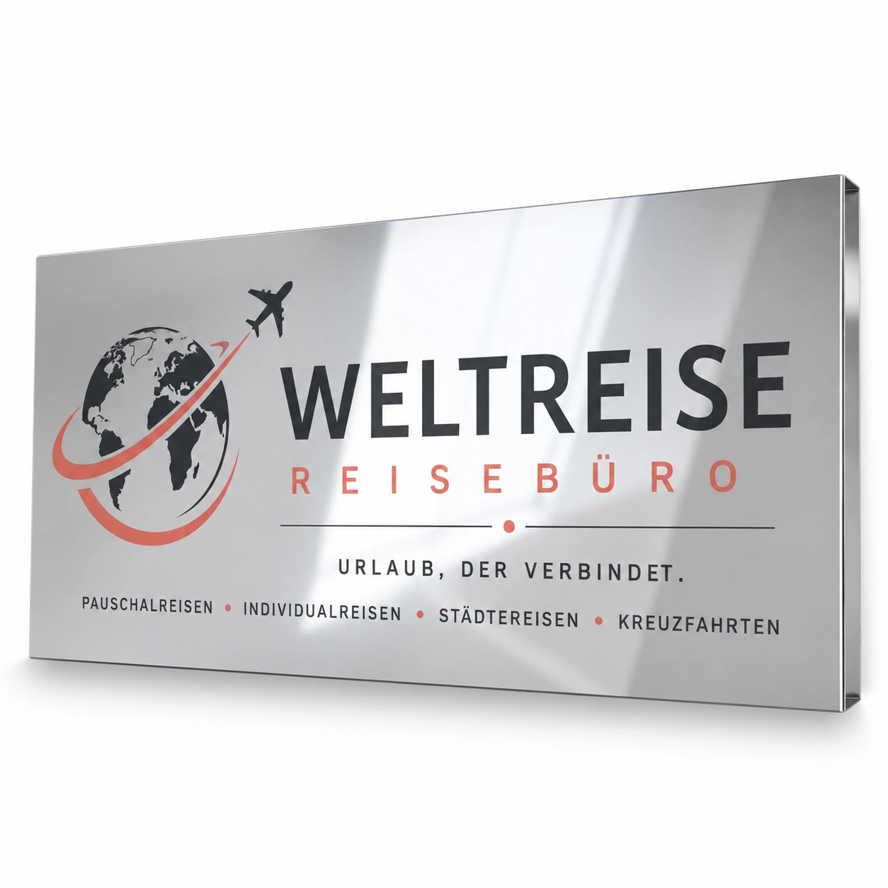 Gekantetes Dibond Werbeschild Silber Spiegel für Reisebüro Gekaentetes Werbeschild aE 180x40cm - Mehrfaerbig - zusaetzliche Ansicht 1