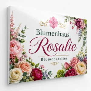 Weißes gekantetes Dibond Schild mit Blumenmotiv