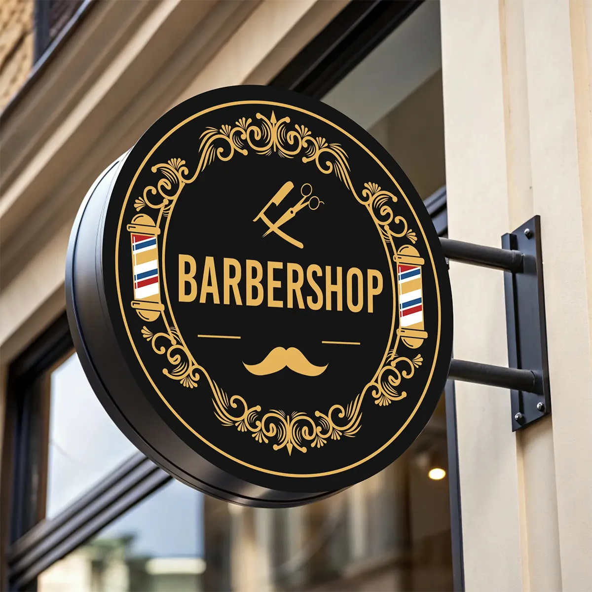 Rundes Leuchtschild fuer Barbershop an der Fassade