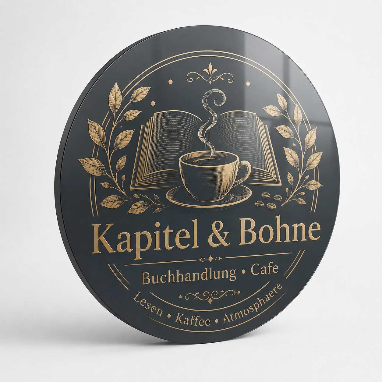 Rundes Werbeschild Anthrazit Gold für Buchhandlung Café Ruendes Werbeschild aE Duerchmesser 50cm - Mehrfaerbig - zusaetzliche Ansicht 1