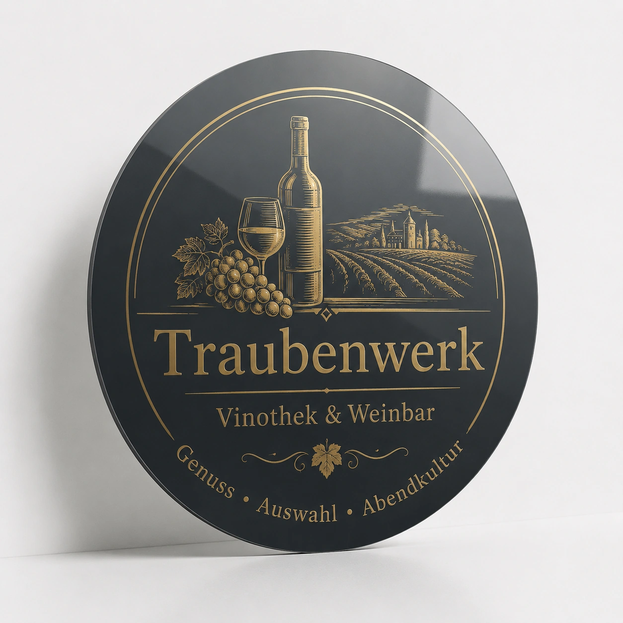 Rundes Werbeschild Anthrazit Gold für Vinothek Ruendes Werbeschild aE Duerchmesser 40cm - Mehrfaerbig - zusaetzliche Ansicht 1