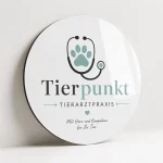Weißes rundes Dibond Schild mit Tierarztmotiv