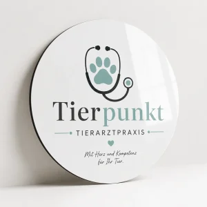 Weißes rundes Dibond Schild mit Tierarztmotiv