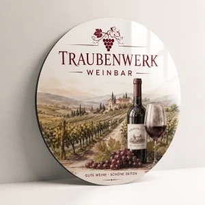 Rundes Schild aus Dibond in Weiß mit Weinmotiv
