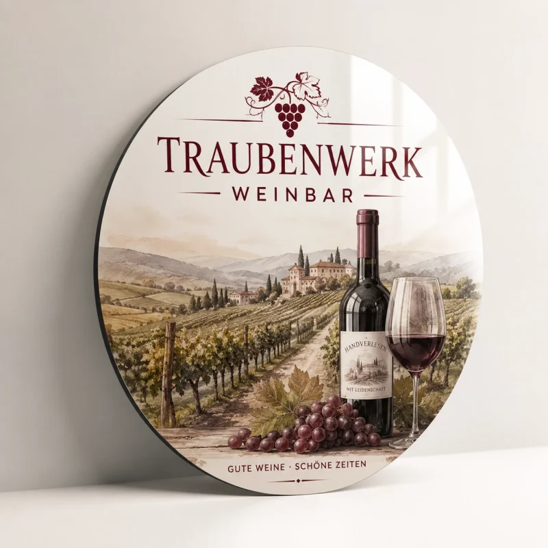 Rundes Schild aus Dibond in Weiß mit Weinmotiv