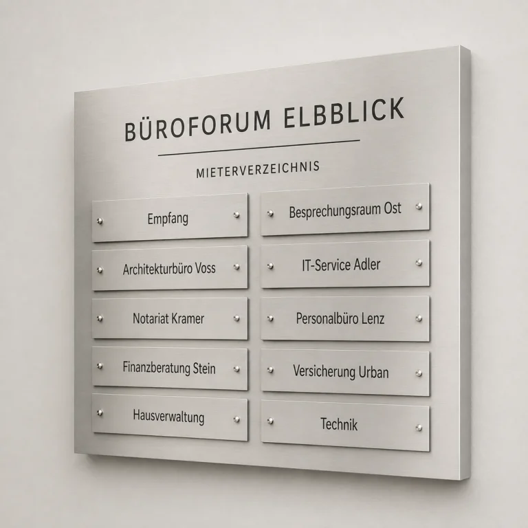 Sammel-Informationstafel aus Dibond mit zweispaltiger Mieterübersicht