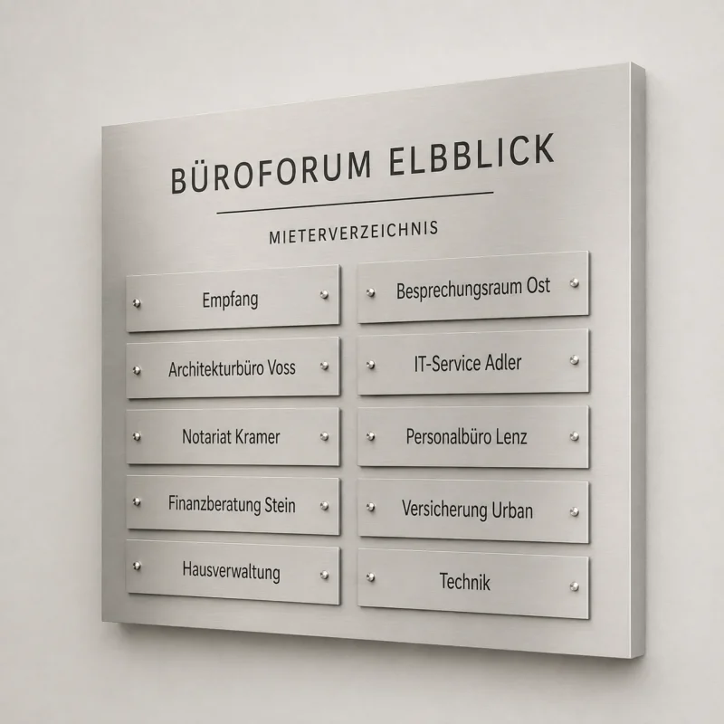 Sammel-Informationstafel aus Dibond mit zweispaltiger Mieterübersicht