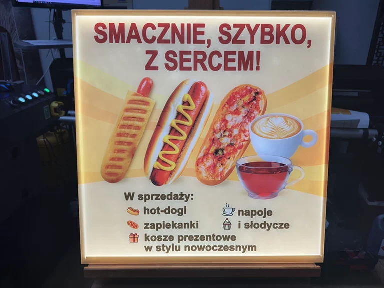 Beleuchtetes Firmenschild fuer Gastronomie mit Speisen und Getraenken