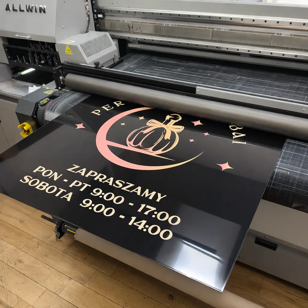 Glaenzende Werbetafel mit UV-Druck auf Dibond