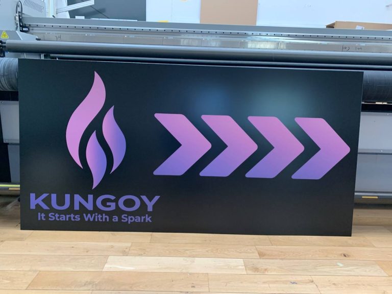 Dibond Werbeschild fuer Kungoy mit Richtungspfeilen