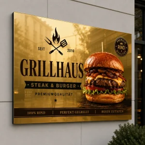 Goldenes Spiegel-Dibond-Schild für Grillhaus und Burger