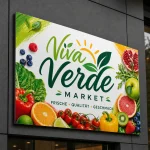 Dibond-Schild in Weiß für Biomarkt und Frischeprodukte