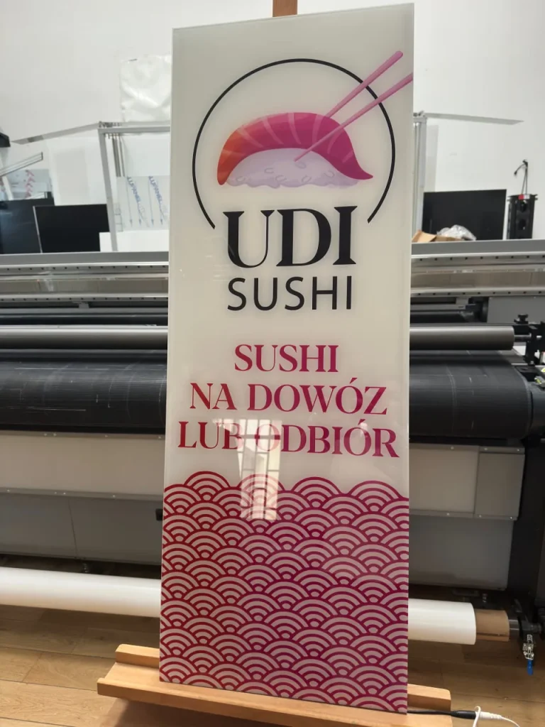 Acrylglas Schilder matt/milchig für Sushi-Lieferdienst
