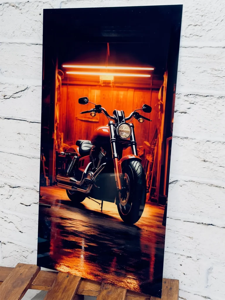 UV-Druck auf Plexi mit Motorradmotiv in Rotlicht
