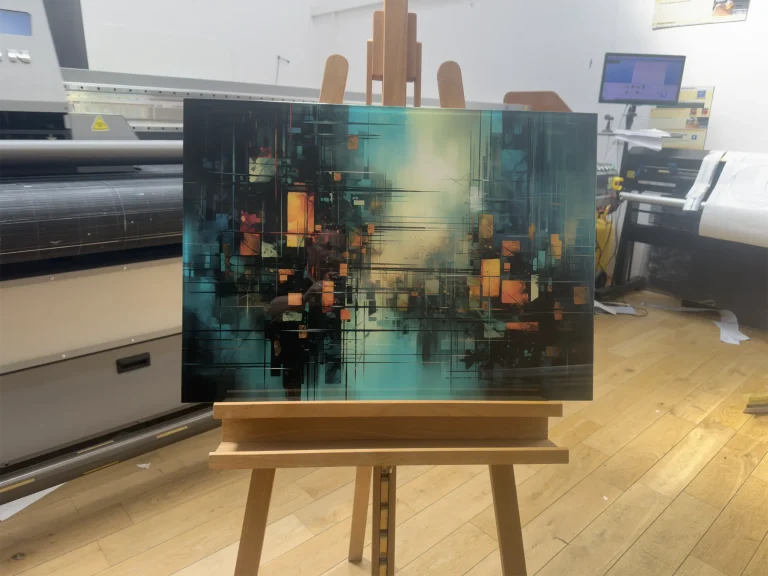UV-Druck auf Plexi mit abstraktem Motiv in Türkis und Orange