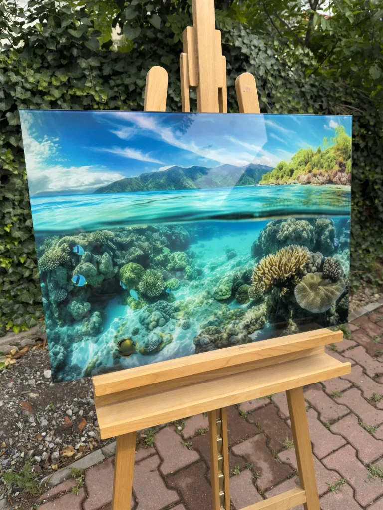 UV-Druck auf Plexi mit Unterwasserlandschaft und Korallenriff