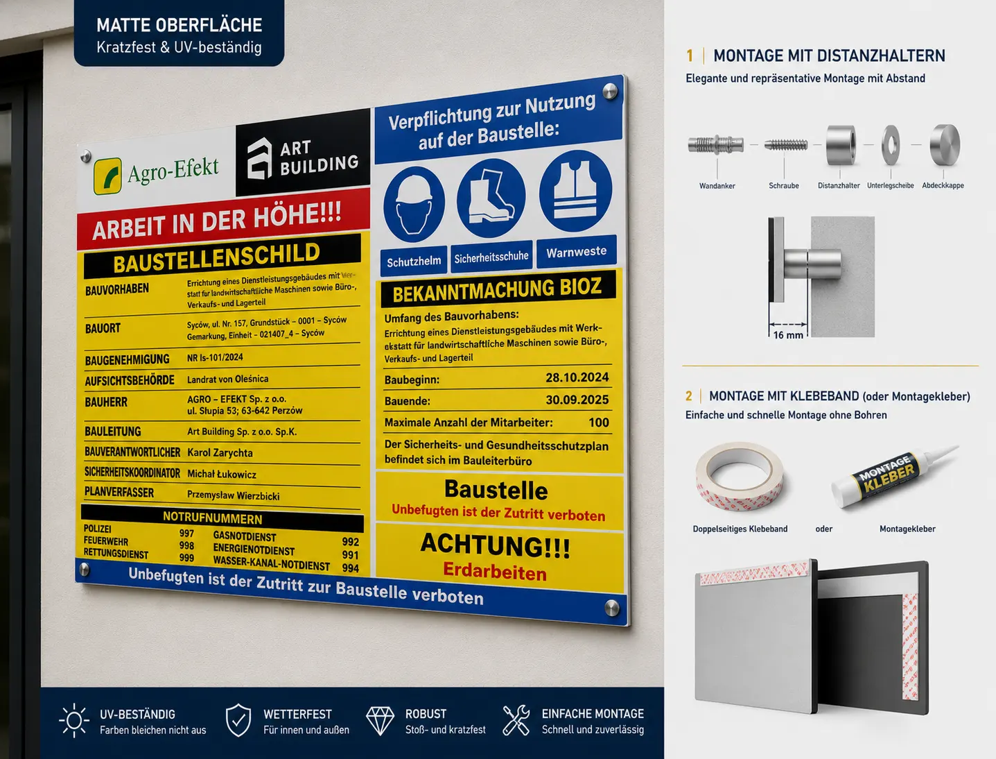 Montage eines PVC-Schildes mit Bohrungen, Klebeband oder Montagekleber