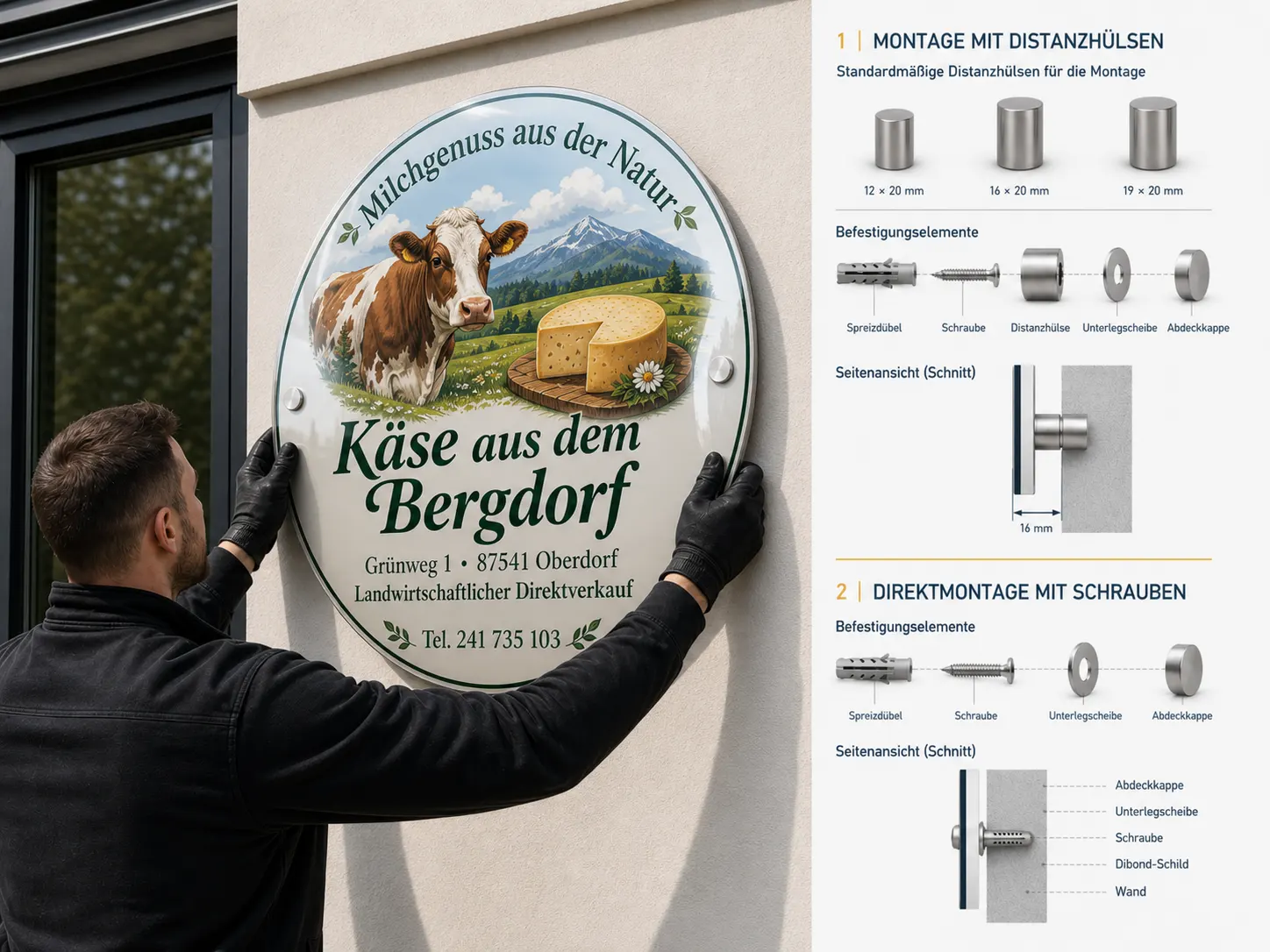 Rundes Werbeschild montieren mit Distanzhülsen oder Direktmontage