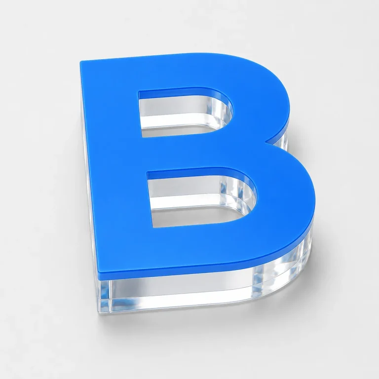 Blauer Acrylbuchstabe B mit sichtbarer transparenter Seitenkante