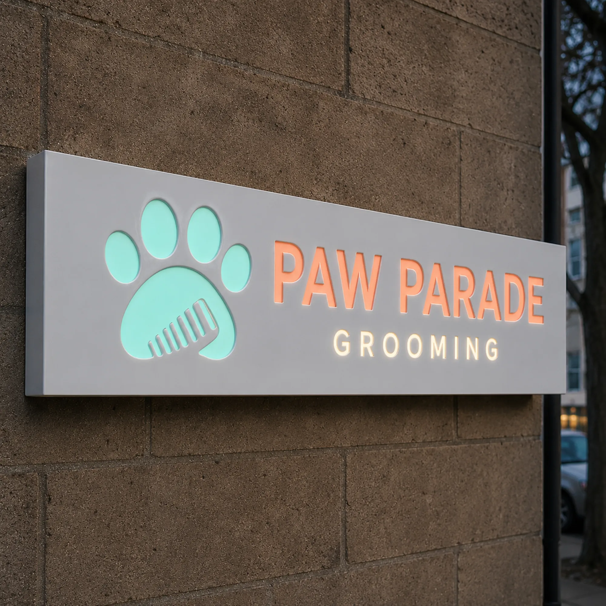 Weißer Werbeleuchtkasten aus Dibond für einen Hundesalon Diboend-Leuechtkaesten aE Faerbige LED-Schrift 180x40 cm - Mehrfaerbig - zusaetzliche Ansicht 1