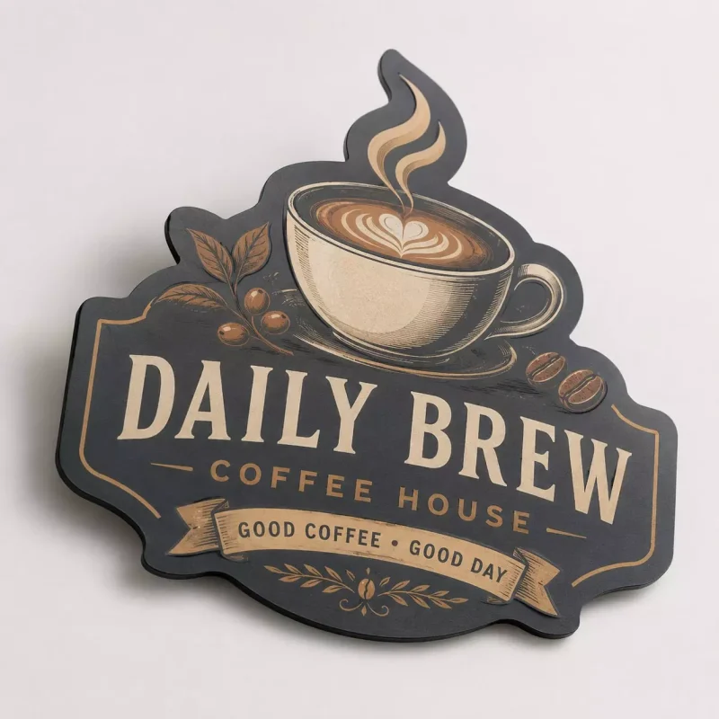 Konturgefrästes Dibond-Schild in Anthrazit mit Coffee-House-Motiv