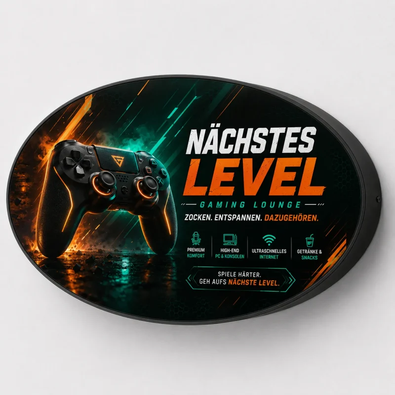 Leuchtkasten oval einseitig in Anthrazit mit Gaming-Motiv