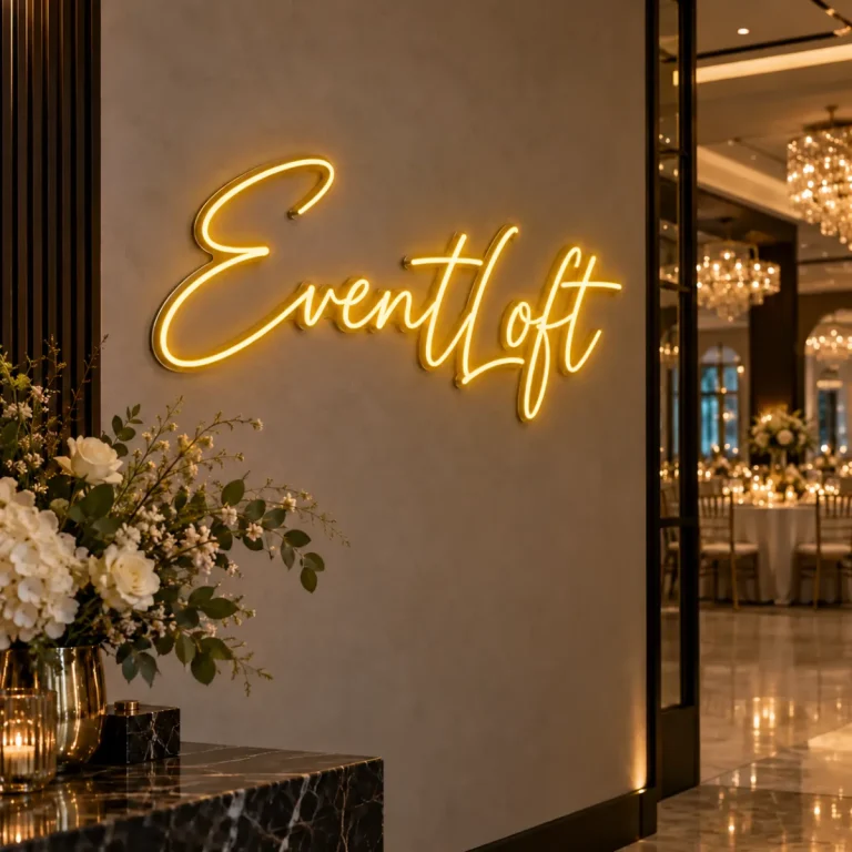 Neon-Schriftzug nach Maß „EventLoft“ in Warmweiß für Eventlocation