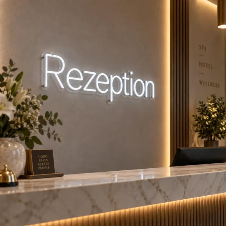 Neon-Schriftzug nach Maß „Rezeption“ in Weiß für Empfang und Hotel