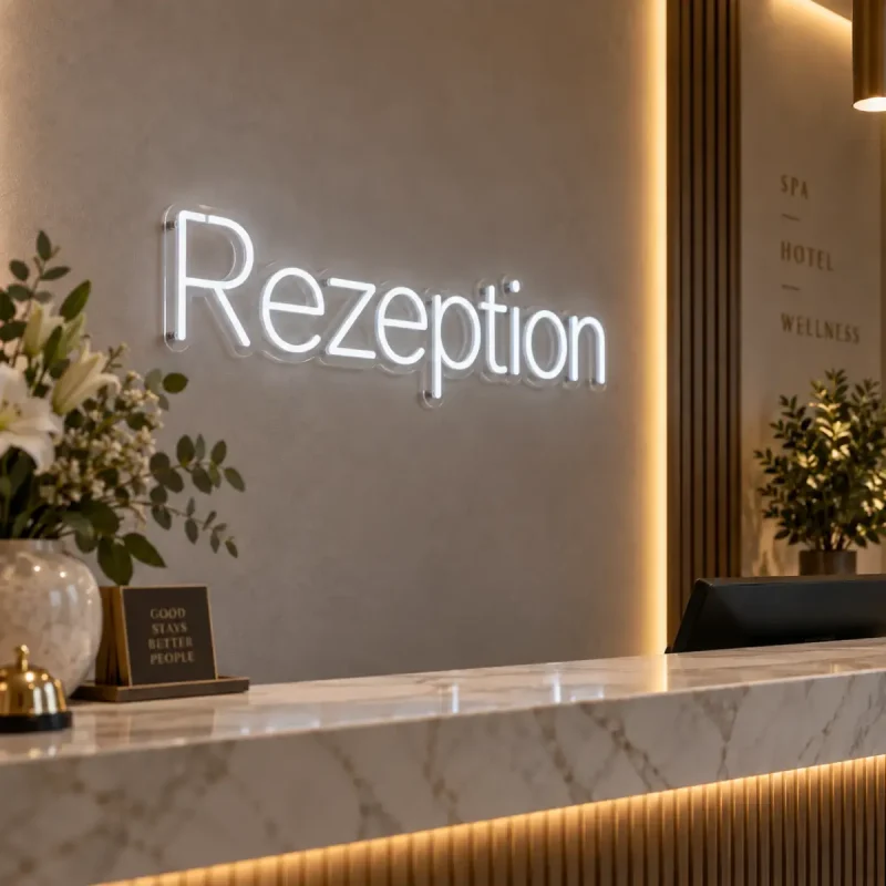 Neon-Schriftzug nach Maß „Rezeption“ in Weiß für Empfang und Hotel