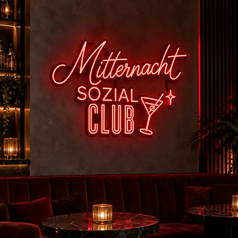Rote Neonwerbung für Club, Lounge oder stilvolle Bar im Innenraum