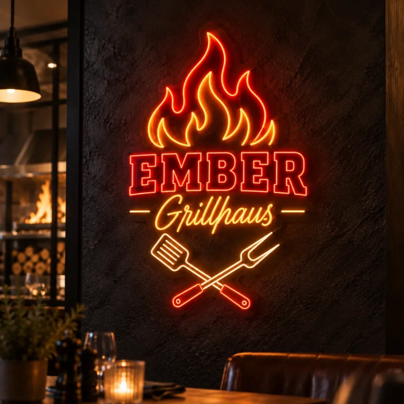 Individuelles Neon-Logo mit Flammenmotiv für Grillrestaurant oder Burgerladen