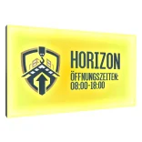 Beleuchtetes Schild Plexiglas Horizon Baufirma Logo Kran Öffnungszeiten