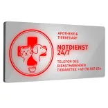 Beleuchtetes Dibond-Schild. Rotes Kreuz, Hund, Katze. Notfall-Telefonnummer