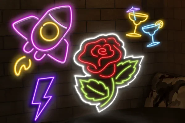 Fertige Neonschilder mit leuchtenden LED-Motiven
