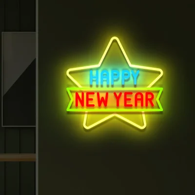 Neonstern mit der Aufschrift „Happy New Year” in hellem, festlichem Stil