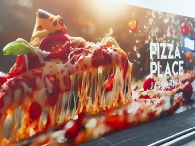 Werbeschild mit Pizza-Motiv und Schriftzug Pizza Place Jastarnia