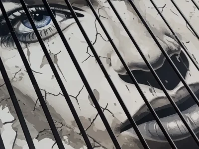 Detailansicht der Wandlamellen mit UV-Druck, Augen und Lippen im modernen Stil